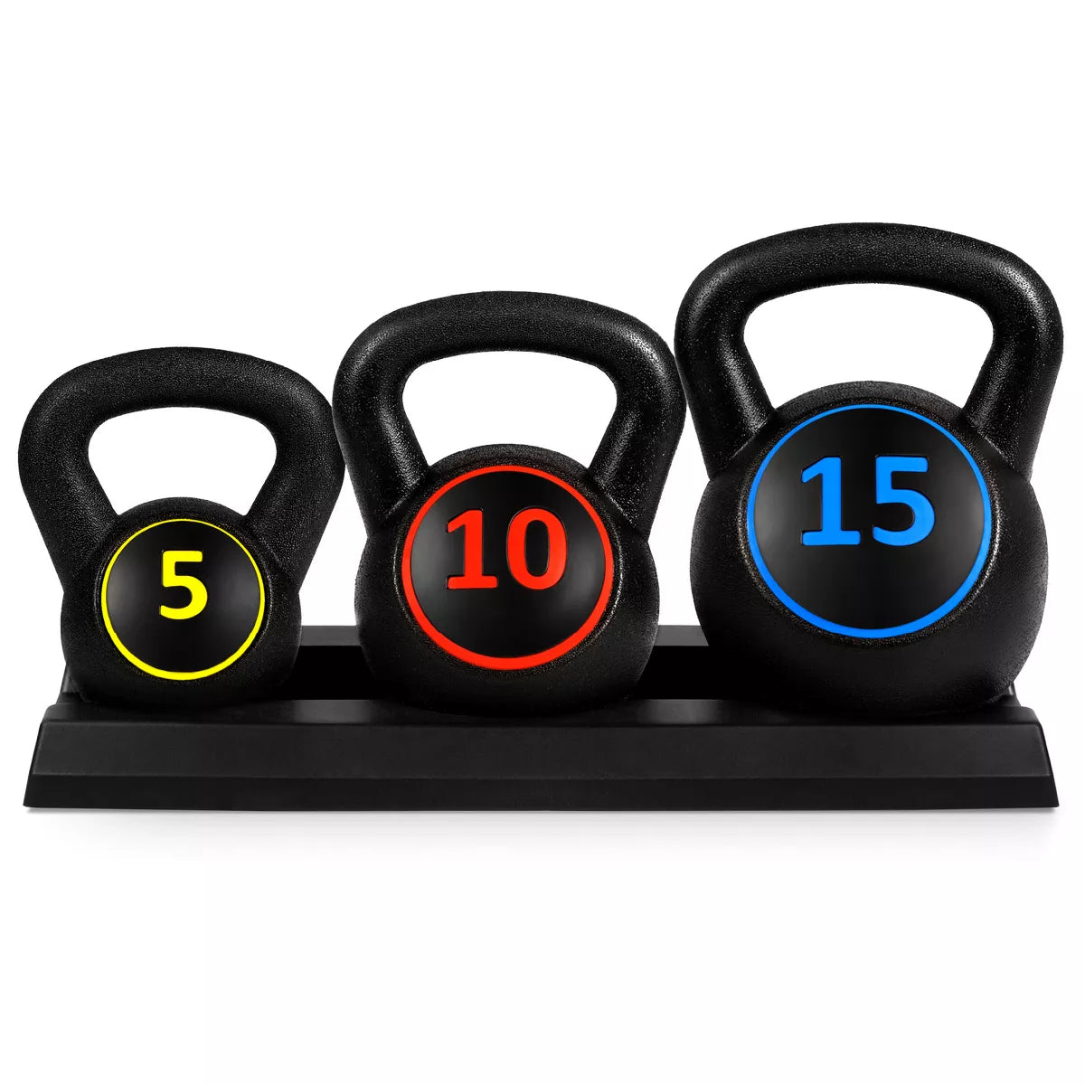 3-piece kettlebell set 5lb 10lb 15lb HDPE concrete core with storage rack for home gym