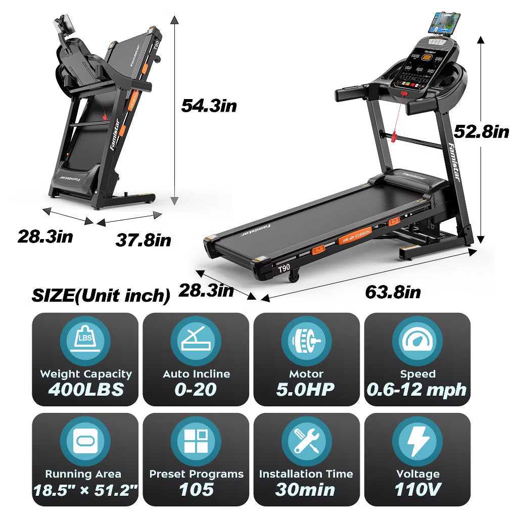 5HP Treadmill - 12 MPH, 20% Auto Incline, 400LB