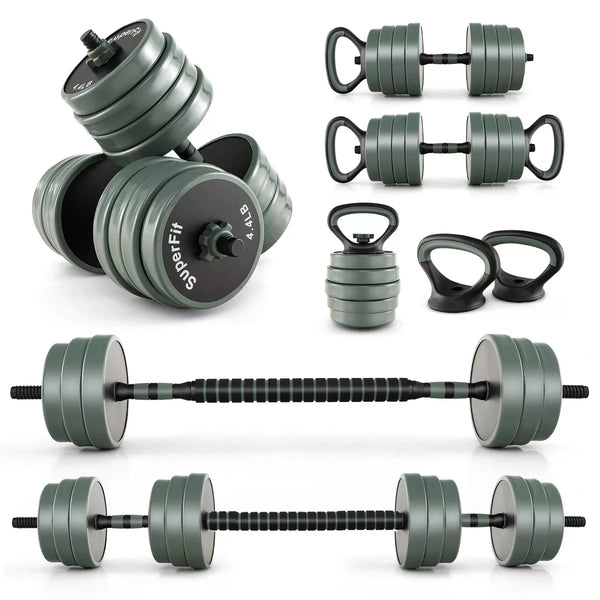 47lb 4-in-1 adjustable dumbbell set black grey with barbell kettlebell and push-up stand