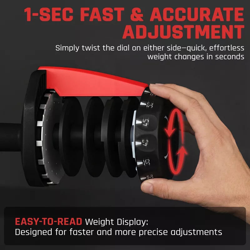 Quick-adjust 52.5lb dumbbell set black red 15 weight settings anti-slip handle home gym