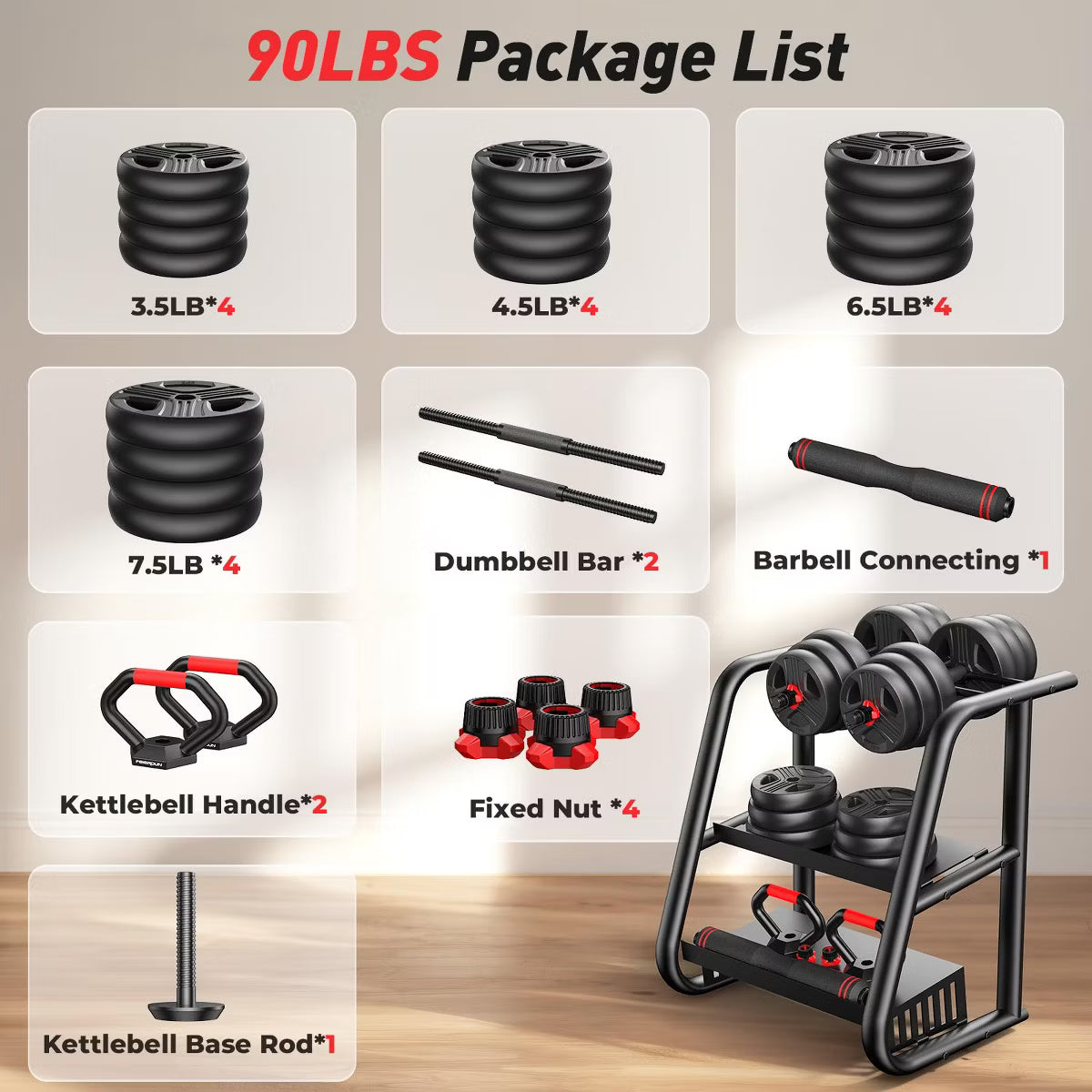 90lb adjustable dumbbell set 5-in-1 convertible barbell kettlebell home gym weights