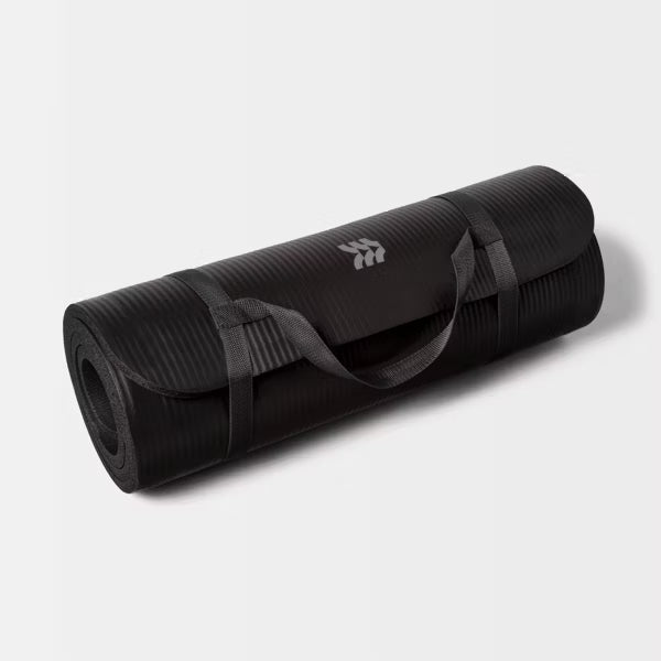 Premium 15mm black fitness yoga mat with non-slip texture and carrying strap