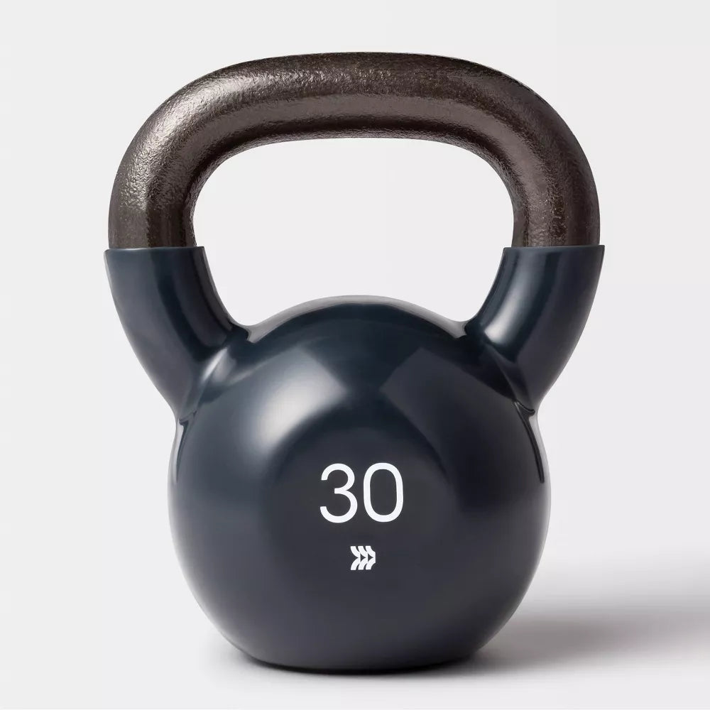 Blue iron kettlebell 30lb non-slip vinyl coated no-roll base for total body home gym