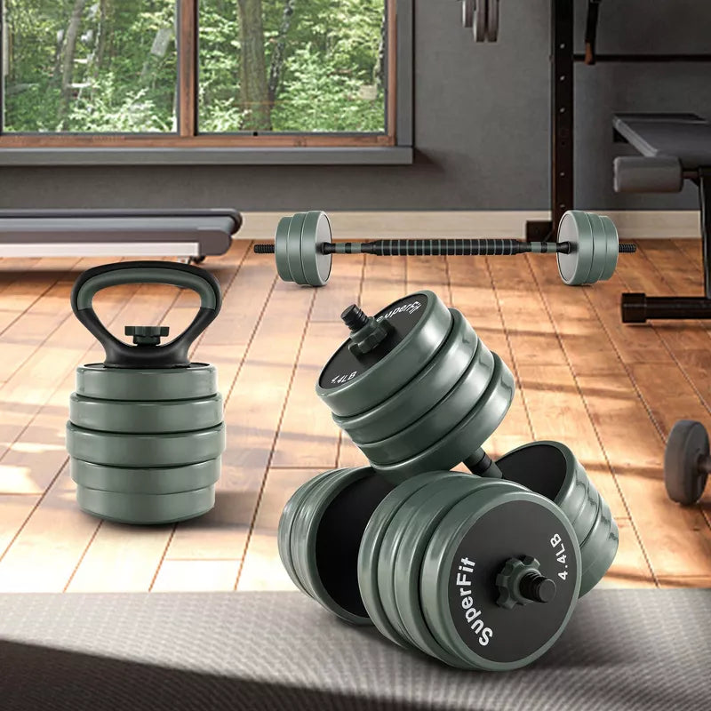 47lb 4-in-1 adjustable dumbbell set black grey with barbell kettlebell and push-up stand