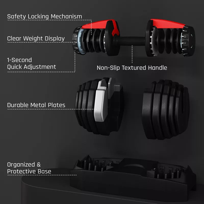 Quick-adjust 52.5lb dumbbell set black red 15 weight settings anti-slip handle home gym