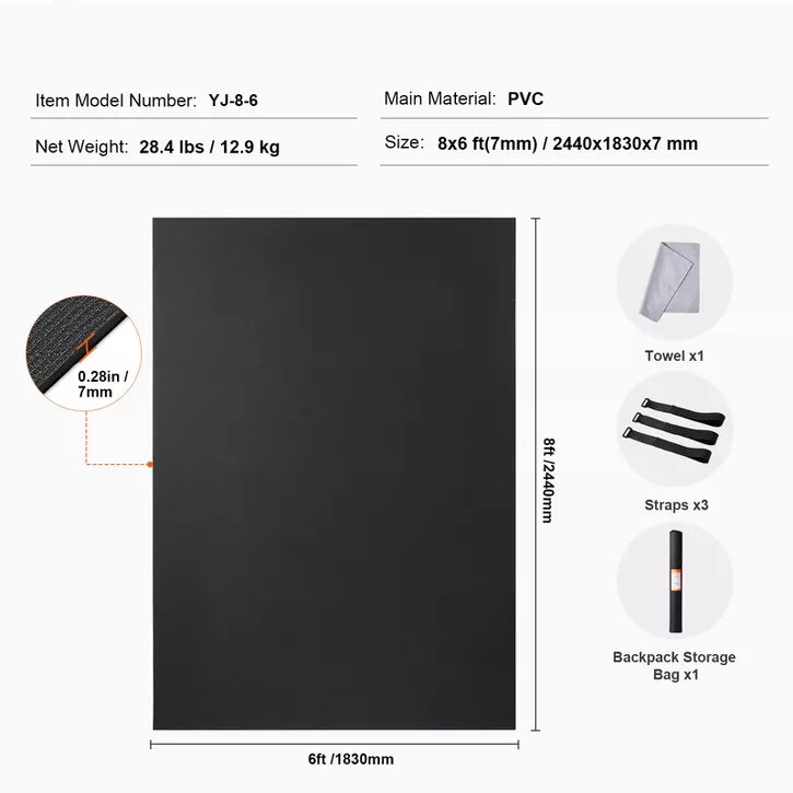 8x6ft non-slip high density PVC exercise yoga mat with carry strap and storage bag