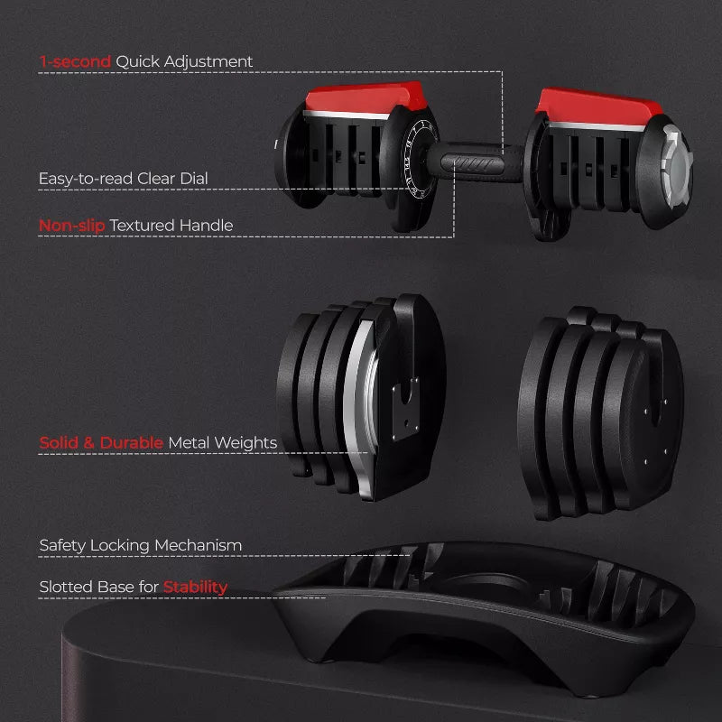 Quick-adjust 40lb dumbbell set black red 12 weight settings anti-slip handle home gym
