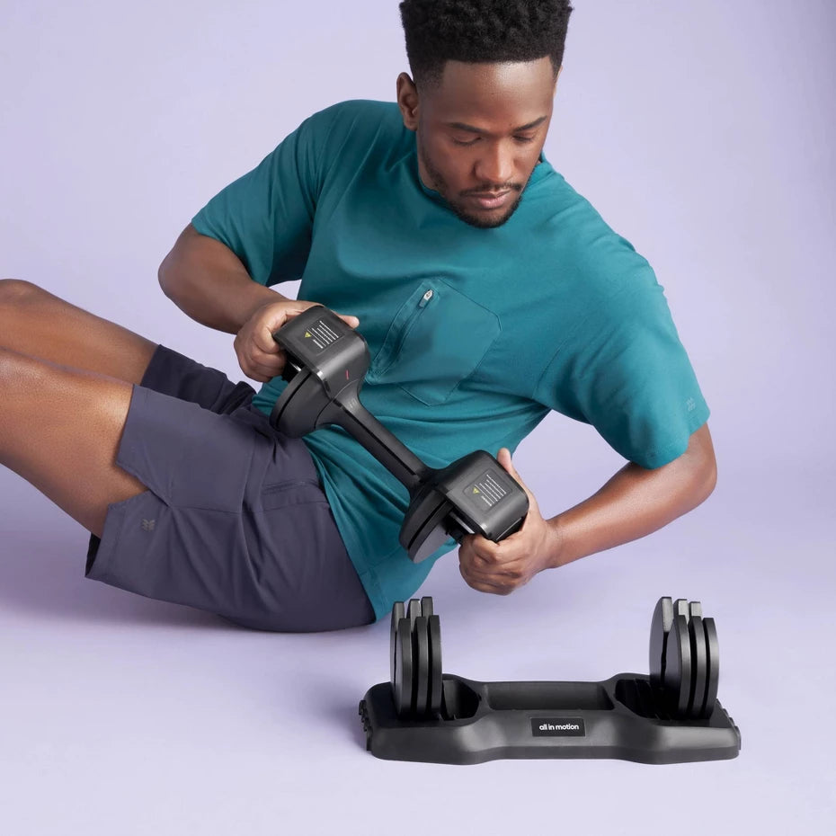 25lb adjustable dumbbell single piece with storage tray and multiple weight options