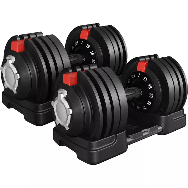 Quick-adjust 52.5lb dumbbell set black red 15 weight settings anti-slip handle home gym