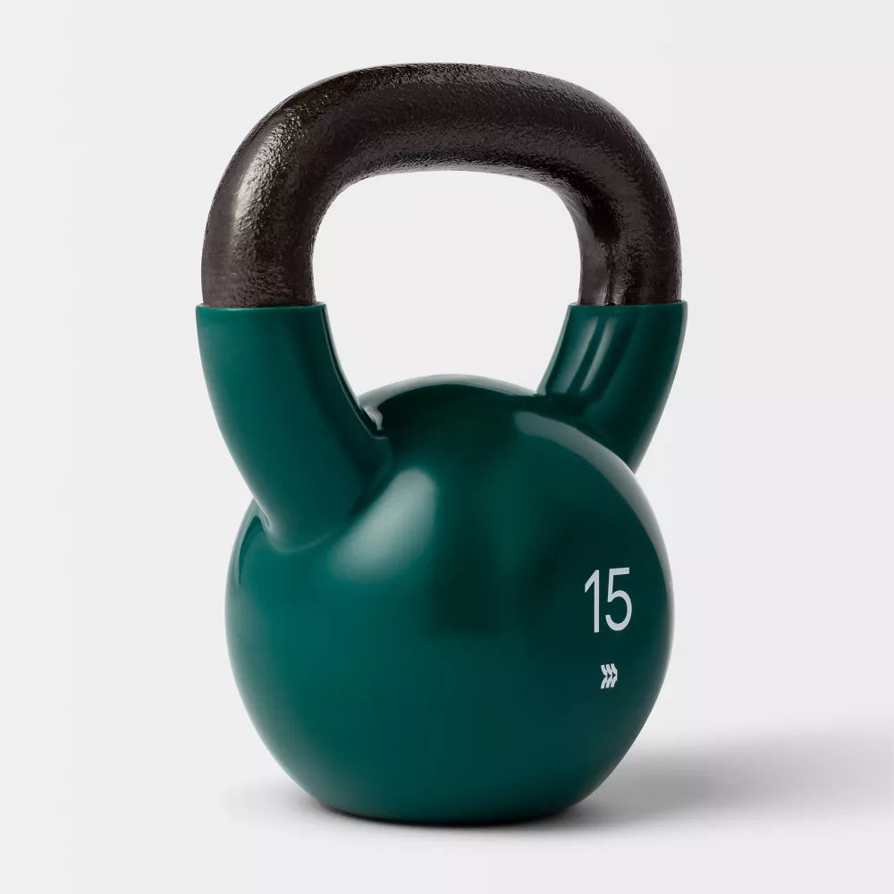 Green iron kettlebell 15lb non-slip vinyl coated no-roll base for total body home gym