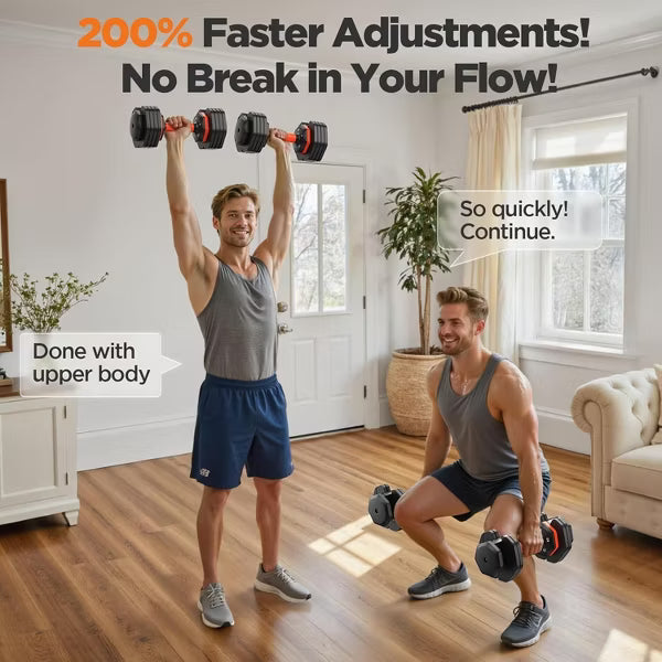 50lb adjustable dumbbell set pair with storage tray and anti-slip silicone grip