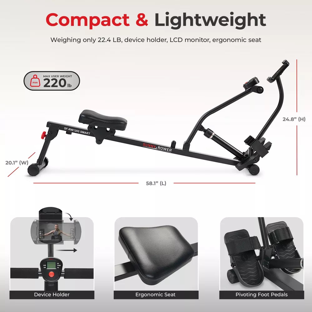 Compact Rowing Machine - 12 Levels, Bluetooth