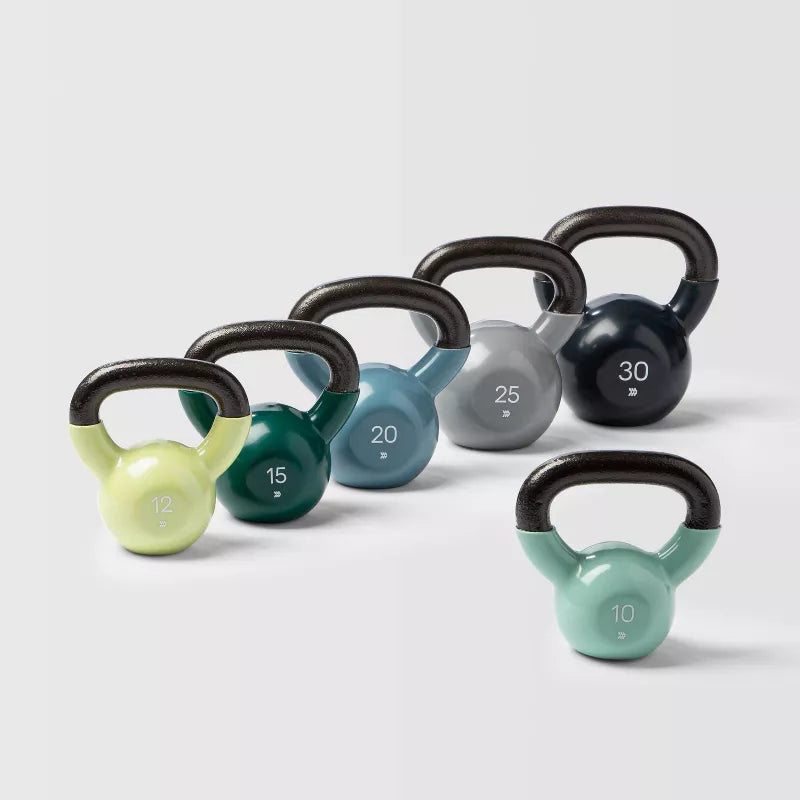 Gray iron kettlebell 25lb non-slip vinyl coated no-roll base for total body home gym