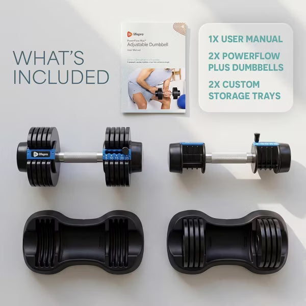 LifePro adjustable dumbbells 25lb pair with storage rack and quick pin adjustment system