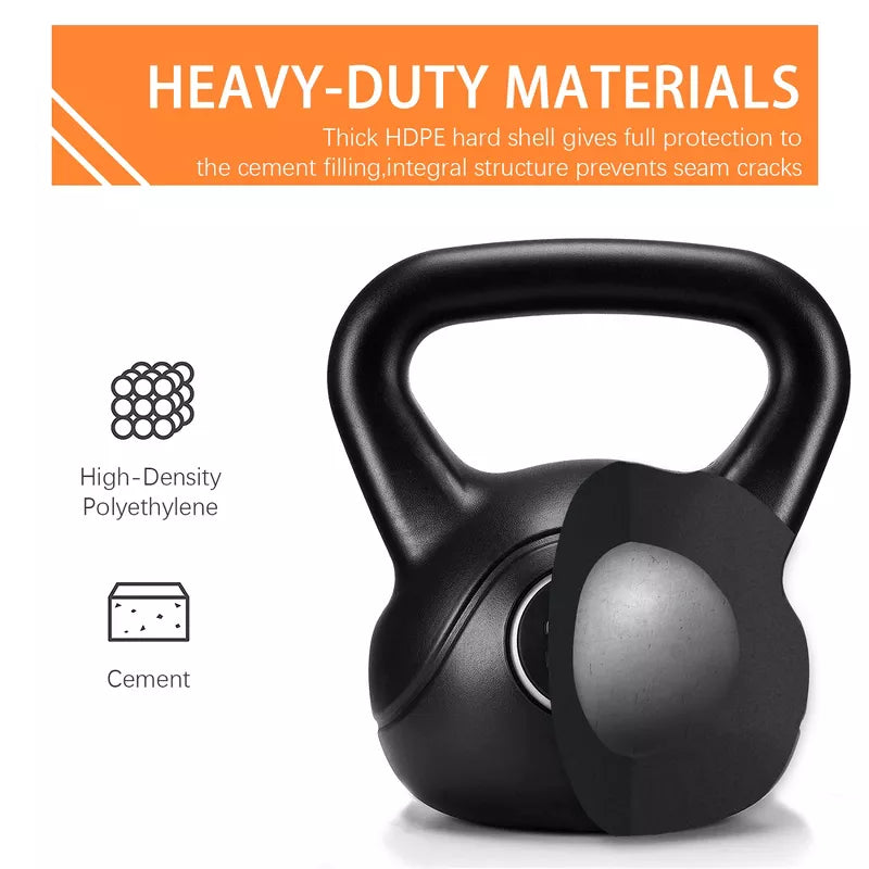 25lb HDPE coated black kettlebell with flat base and wide ergonomic grip for home gym