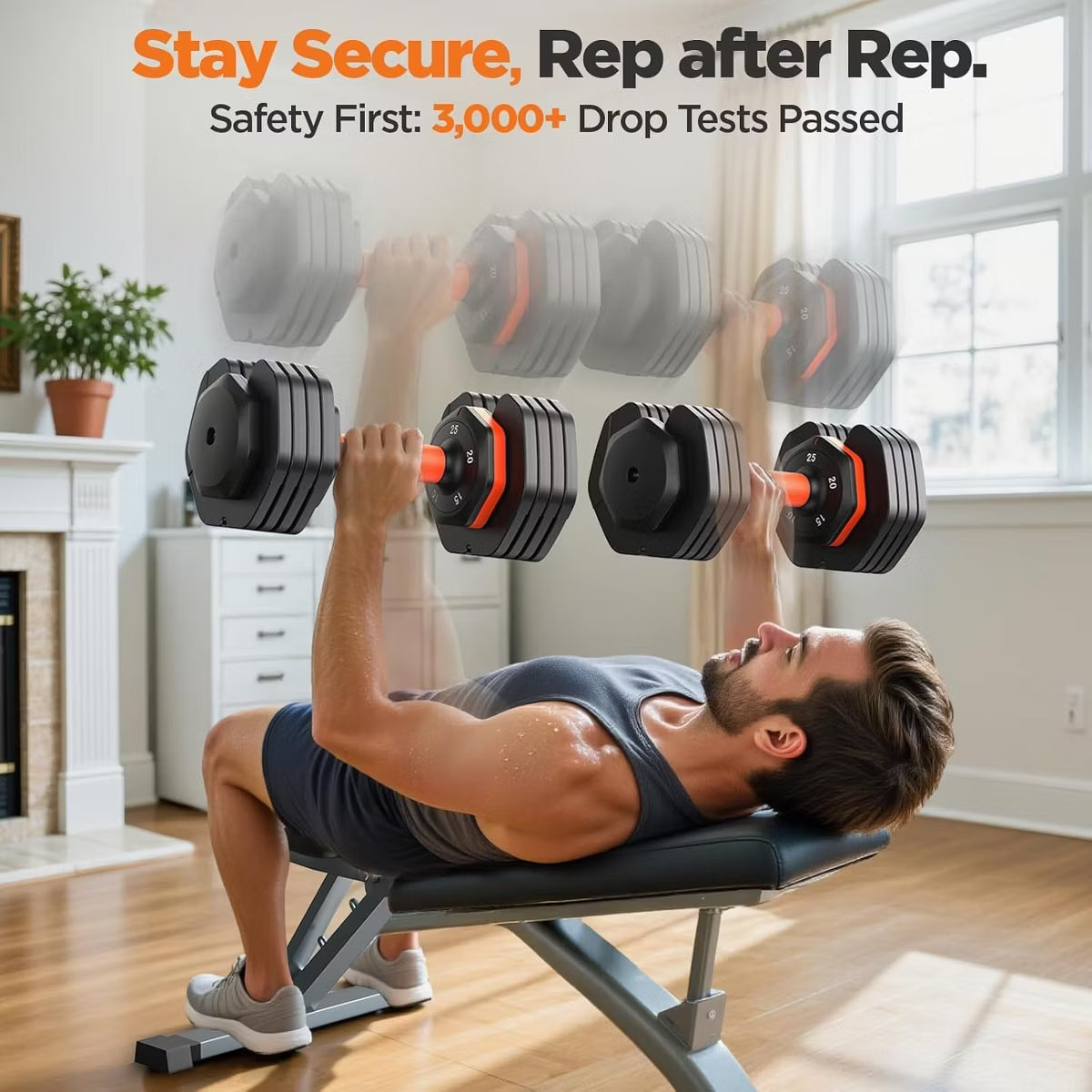 50lb adjustable dumbbell set pair with storage tray and anti-slip silicone grip