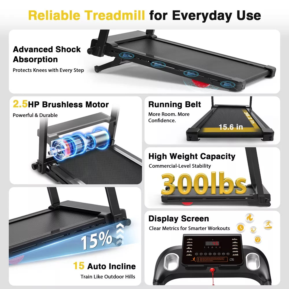 Foldable Treadmill - Auto Incline, 15%, 2.5HP