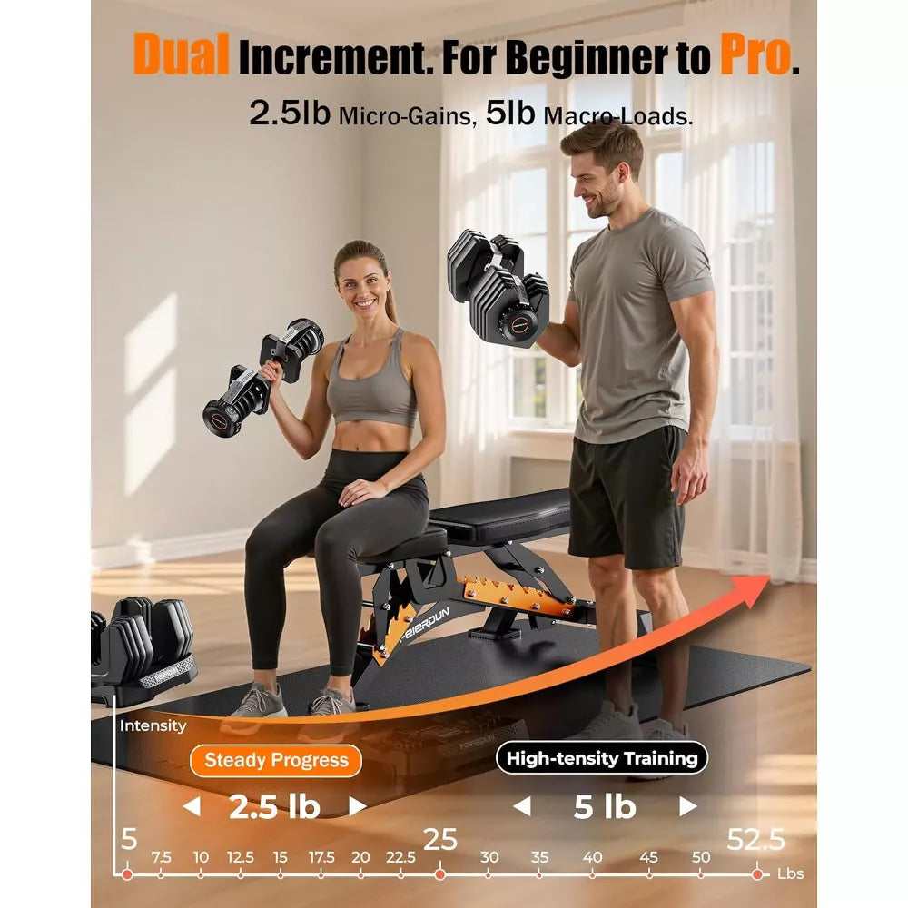 105lb adjustable dumbbell set pair with storage box and 15-in-1 quick dial adjustment