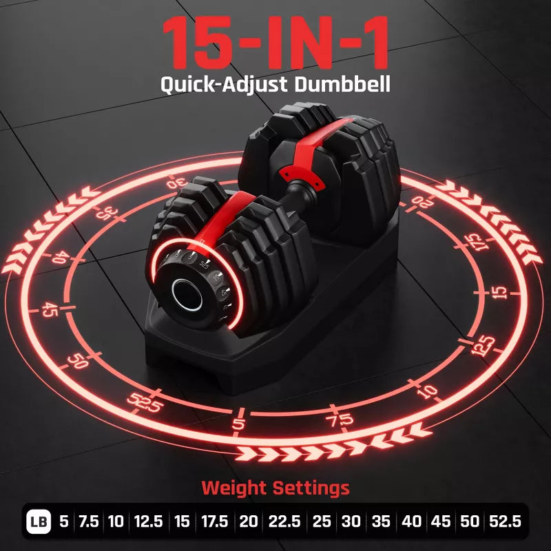 Quick-adjust 52.5lb dumbbell set black red 15 weight settings anti-slip handle home gym