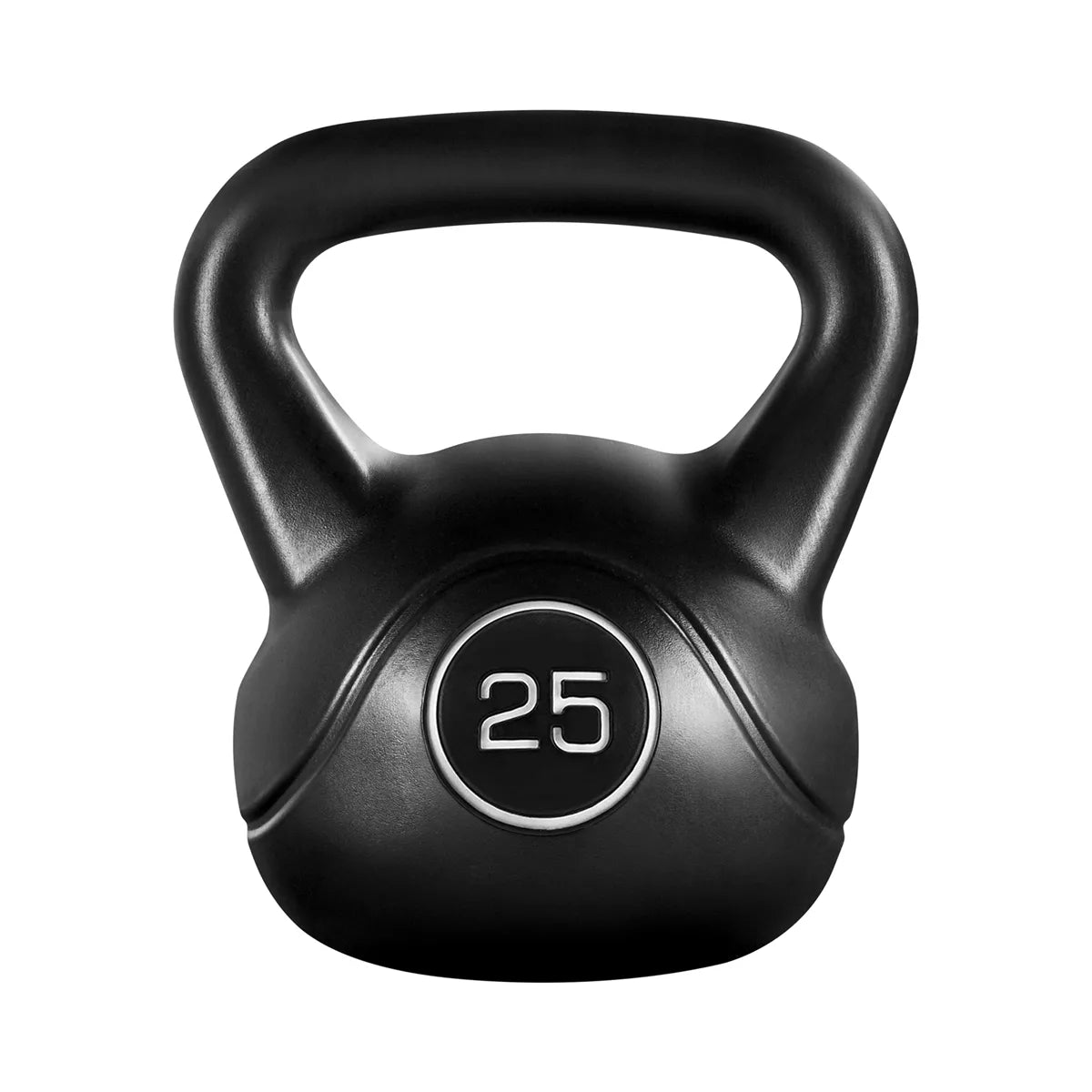 25lb HDPE coated black kettlebell with flat base and wide ergonomic grip for home gym