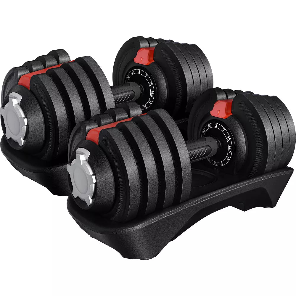 Quick-adjust 40lb dumbbell set black red 12 weight settings anti-slip handle home gym