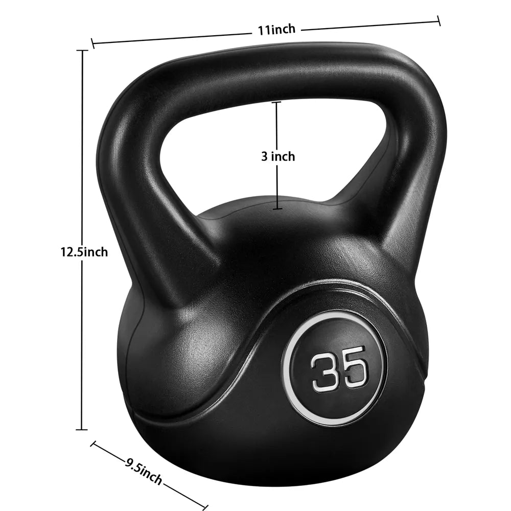 35lb HDPE coated black kettlebell with flat base and wide ergonomic grip for home gym