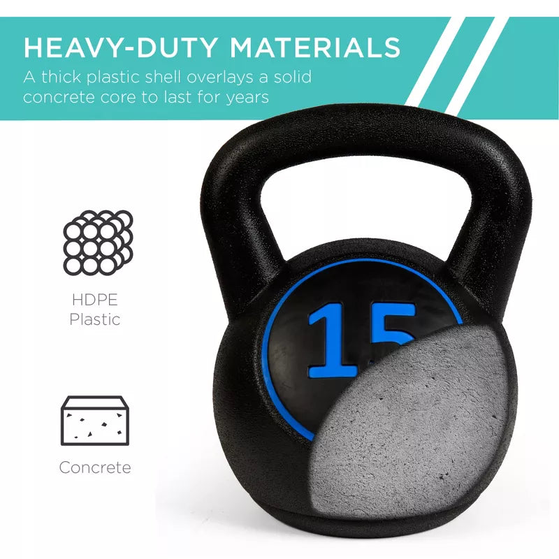 3-piece kettlebell set 5lb 10lb 15lb HDPE concrete core with storage rack for home gym