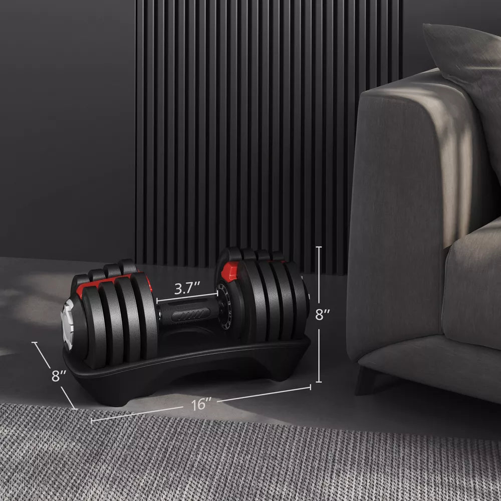 Quick-adjust 40lb dumbbell set black red 12 weight settings anti-slip handle home gym