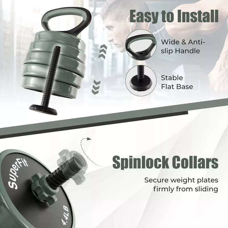 47lb 4-in-1 adjustable dumbbell set black grey with barbell kettlebell and push-up stand