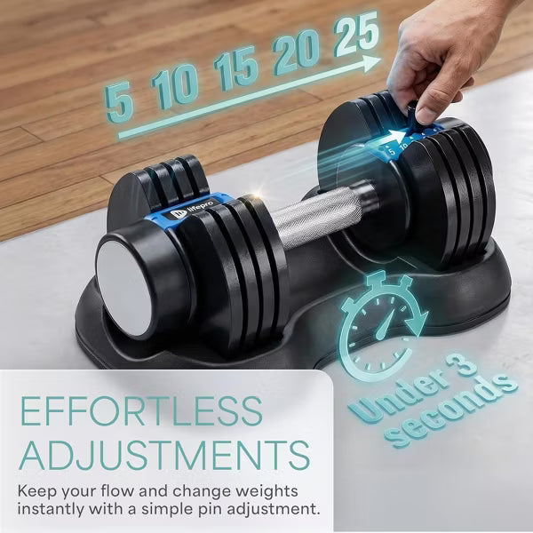 LifePro adjustable dumbbells 25lb pair with storage rack and quick pin adjustment system