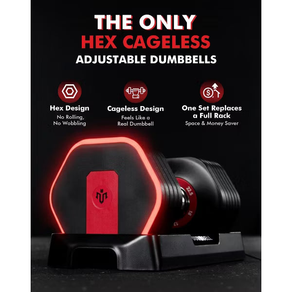 Hex adjustable dumbbells 26.5lb pair cageless 6-in-1 space-saving home gym set