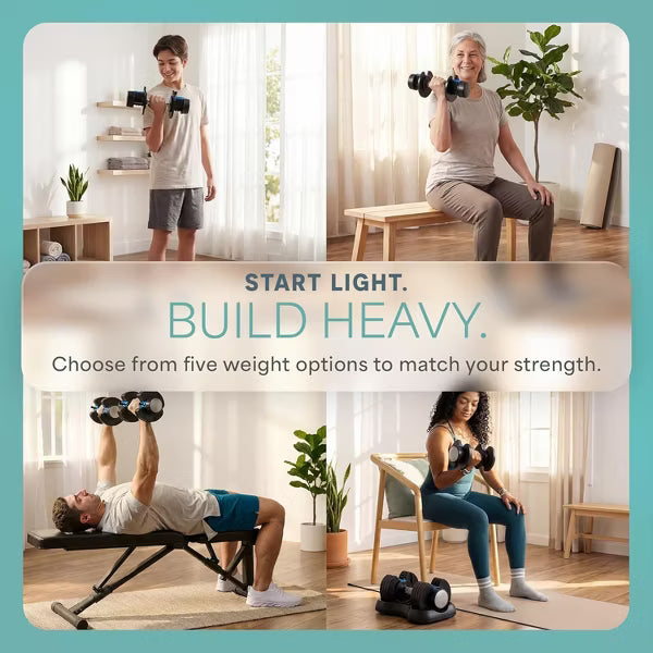 LifePro adjustable dumbbells 25lb pair with storage rack and quick pin adjustment system