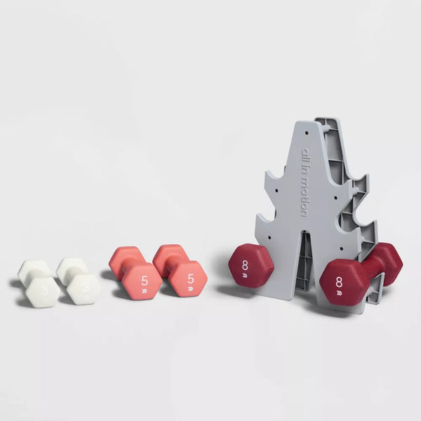 6-piece neoprene dumbbell set pink white magenta 3lb 5lb 8lb pairs with storage rack