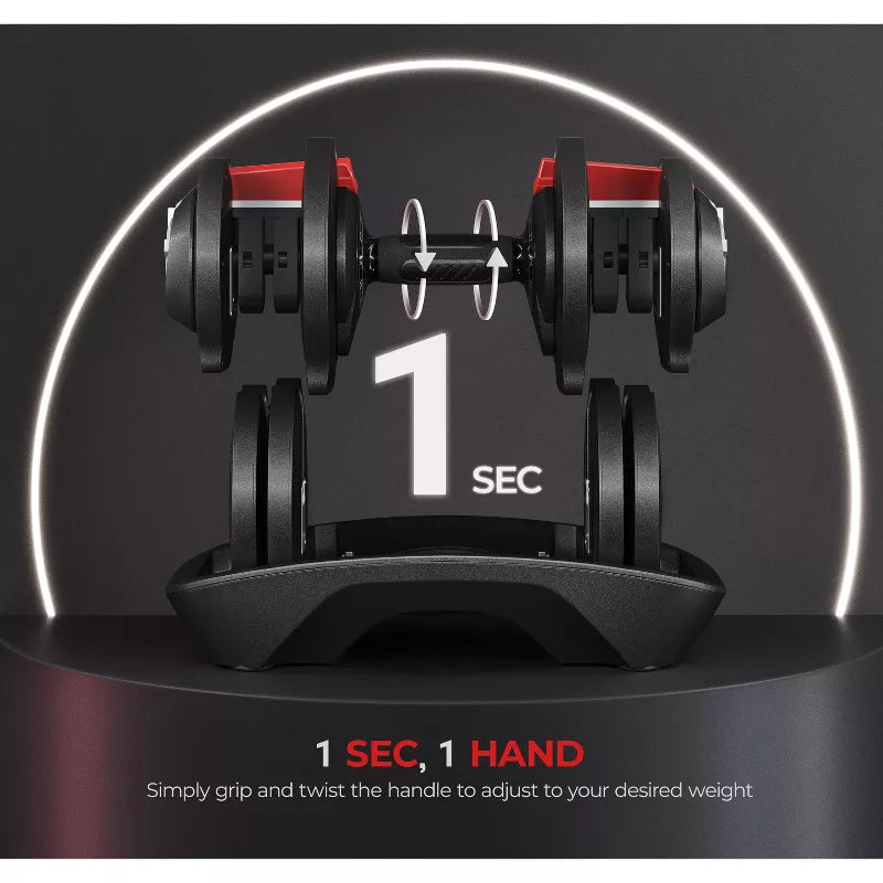 Quick-adjust 40lb dumbbell set black red 12 weight settings anti-slip handle home gym