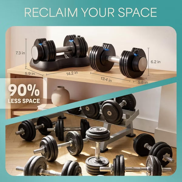 LifePro adjustable dumbbells 25lb pair with storage rack and quick pin adjustment system