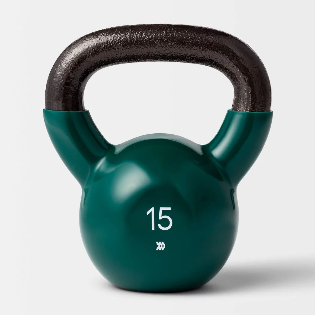 Green iron kettlebell 15lb non-slip vinyl coated no-roll base for total body home gym