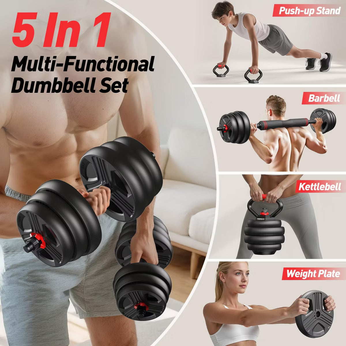 90lb adjustable dumbbell set 5-in-1 convertible barbell kettlebell home gym weights