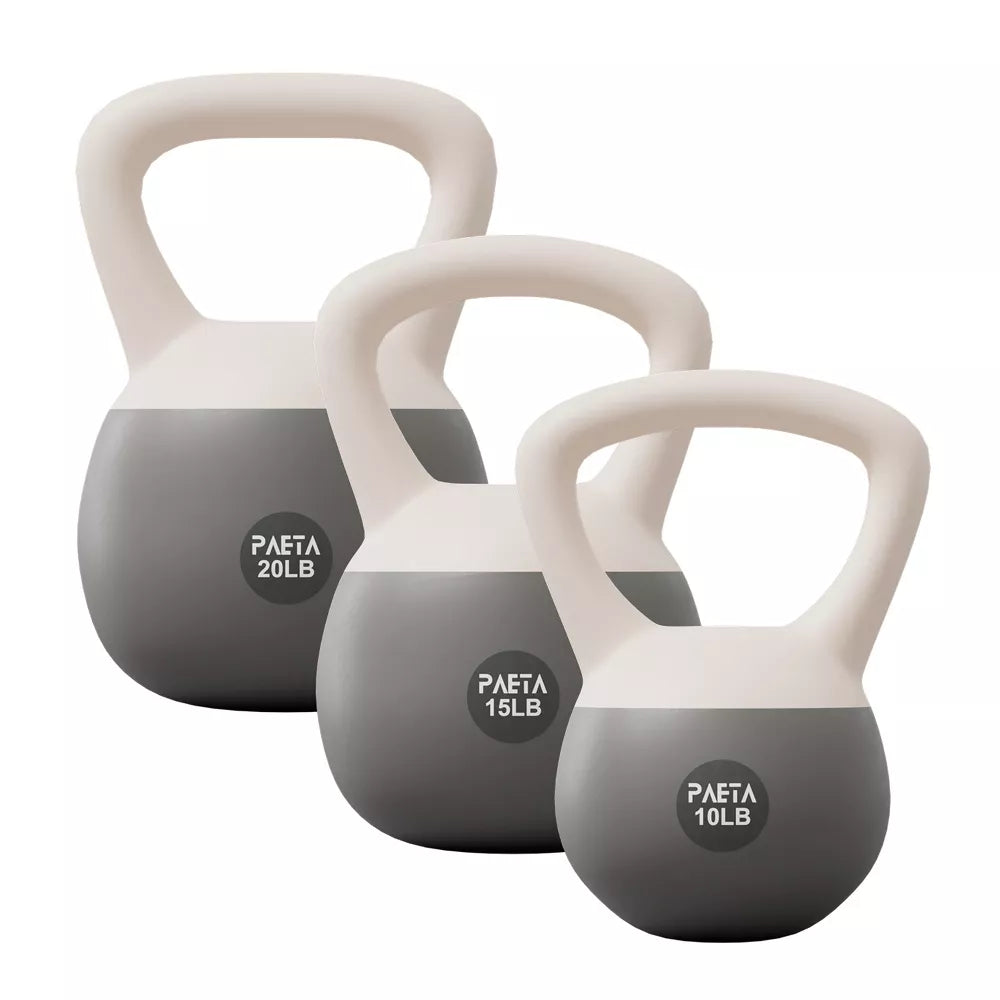 Soft kettlebell set white 10lb 15lb 20lb anti-slip grip floor-safe PVC home gym weights
