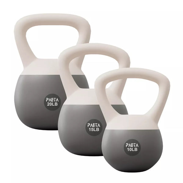Soft kettlebell set white 10lb 15lb 20lb anti-slip grip floor-safe PVC home gym weights
