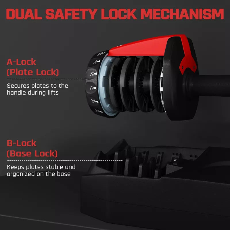 Quick-adjust 52.5lb dumbbell set black red 15 weight settings anti-slip handle home gym