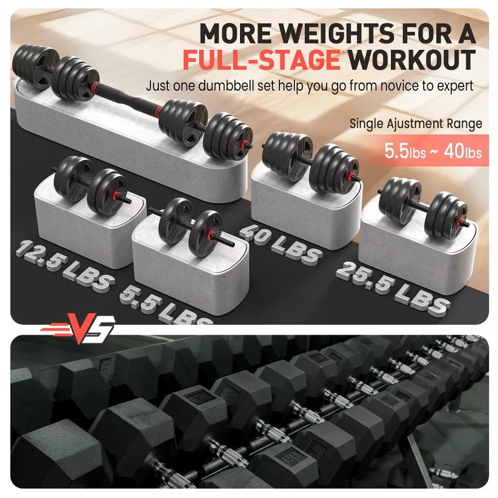 80lb adjustable dumbbell set pair 3-in-1 convertible barbell kettlebell home gym weights