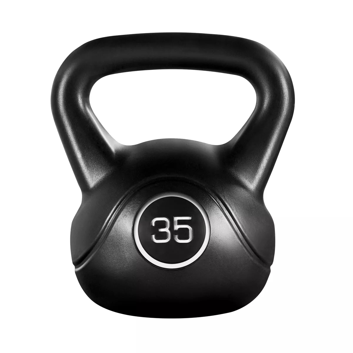 35lb HDPE coated black kettlebell with flat base and wide ergonomic grip for home gym