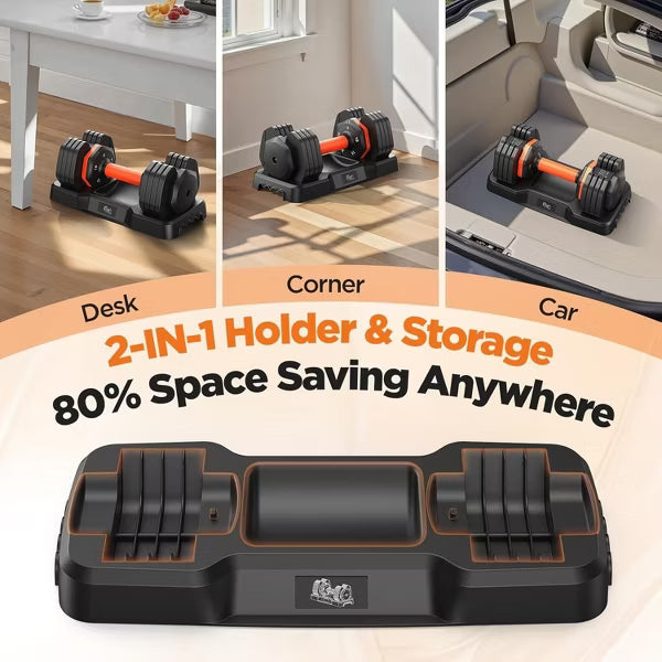 50lb adjustable dumbbell set pair with storage tray and anti-slip silicone grip