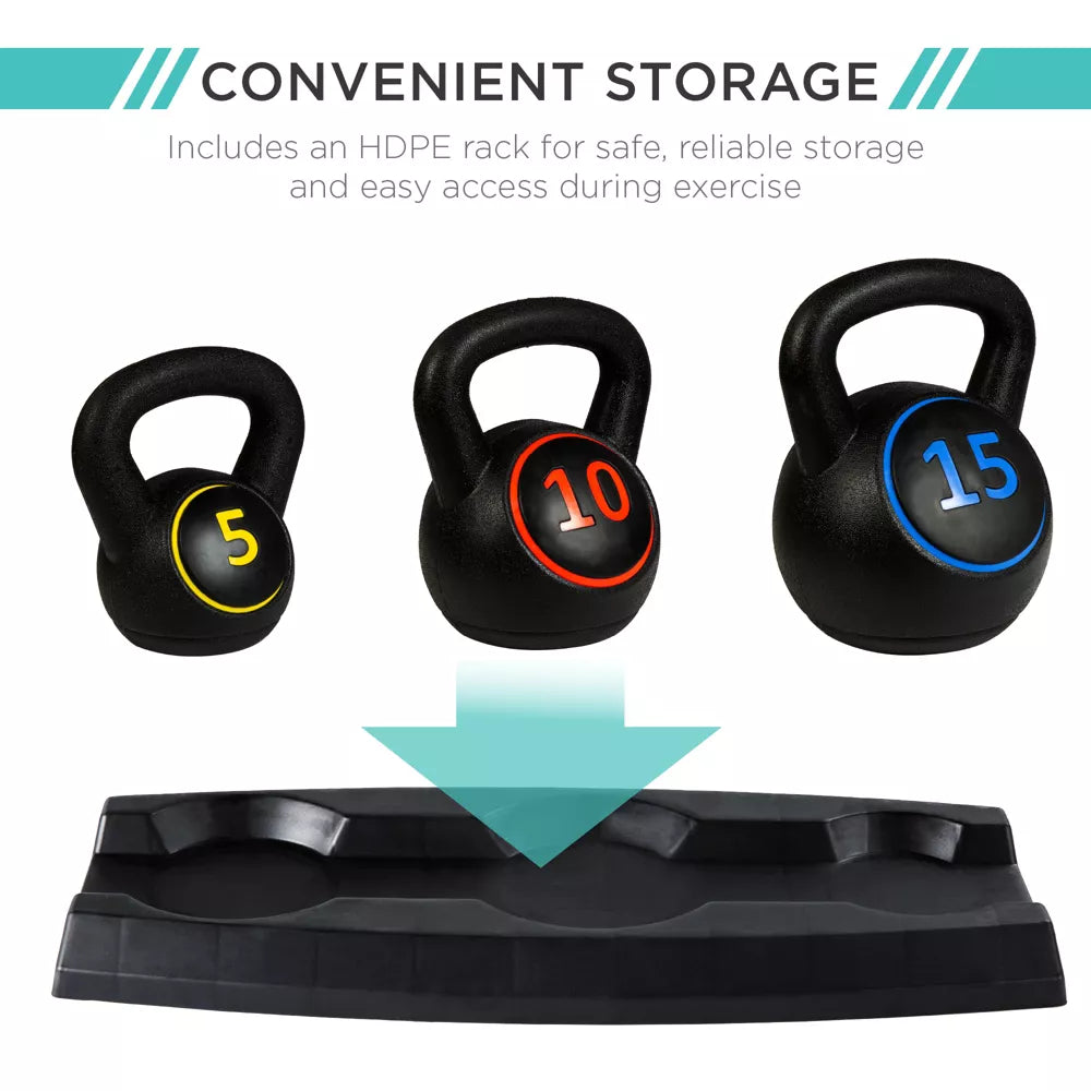 3-piece kettlebell set 5lb 10lb 15lb HDPE concrete core with storage rack for home gym