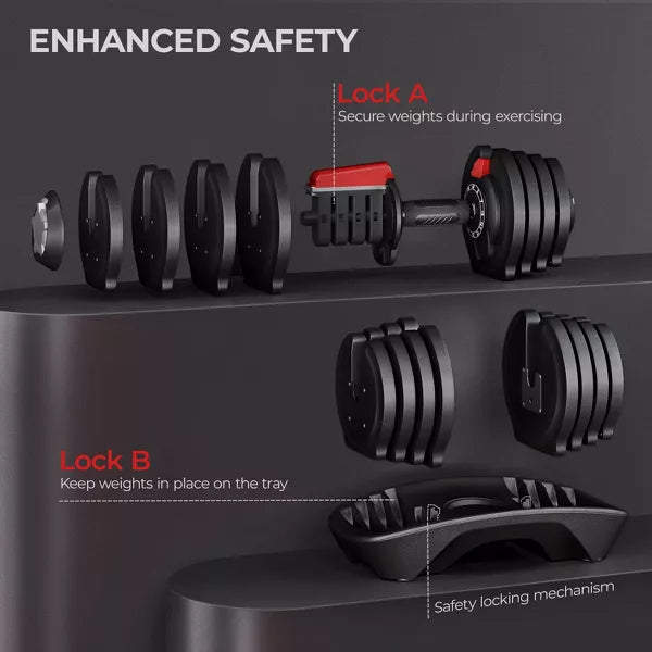 Quick-adjust 40lb dumbbell set black red 12 weight settings anti-slip handle home gym