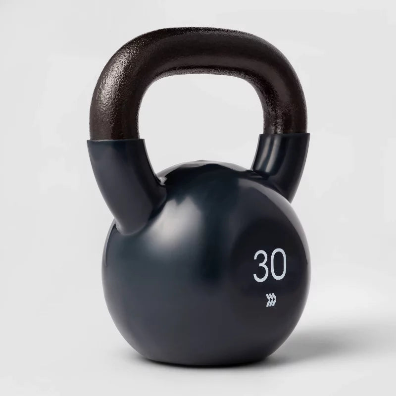 Blue iron kettlebell 30lb non-slip vinyl coated no-roll base for total body home gym