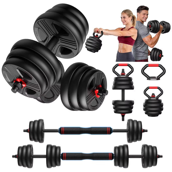 90lb adjustable dumbbell set 5-in-1 convertible barbell kettlebell home gym weights