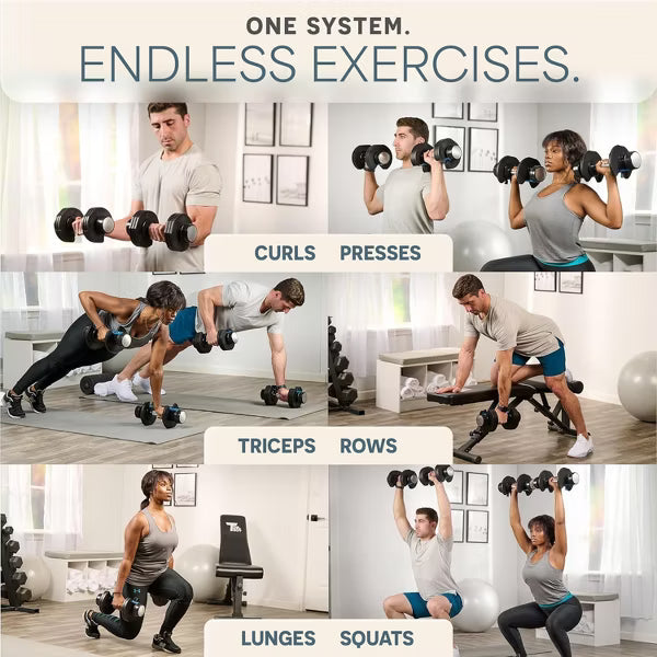 LifePro adjustable dumbbells 25lb pair with storage rack and quick pin adjustment system