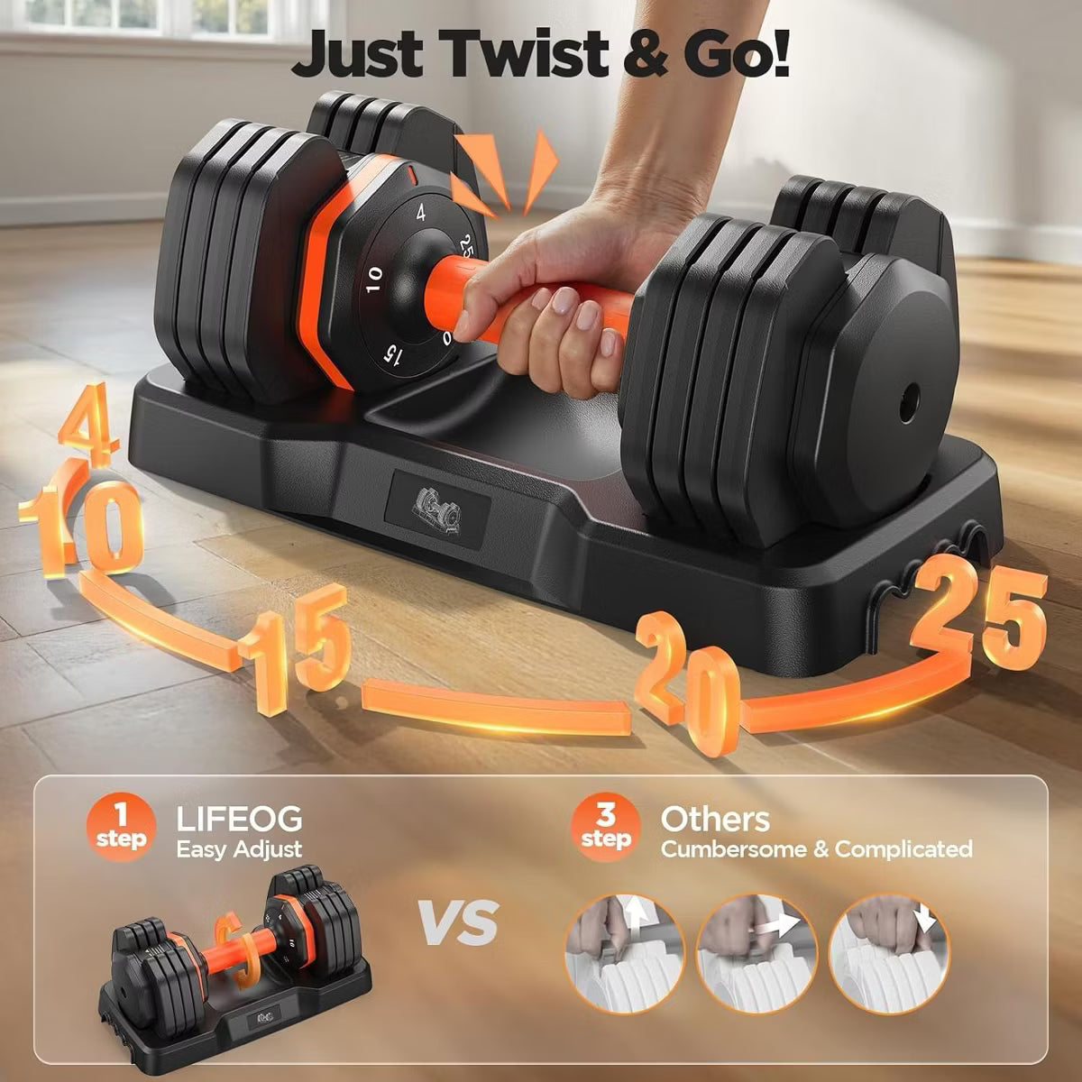 50lb adjustable dumbbell set pair with storage tray and anti-slip silicone grip