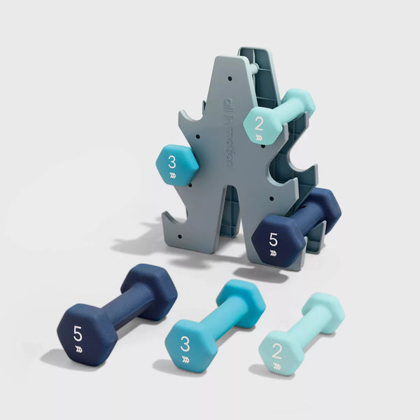 7-piece neoprene dumbbell set 2lb 3lb 5lb pairs with storage rack for home workout